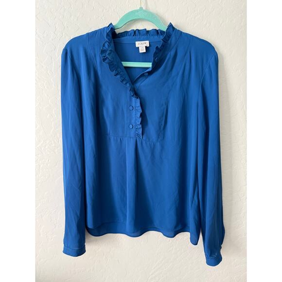J.CREW Tops - J. Crew Royal Blue Ruffle Collar Button Long Sleeve Blouse Size 10